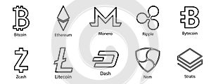 Cryptocurrency icons set for internet money. Blockchain based secure. Vector
