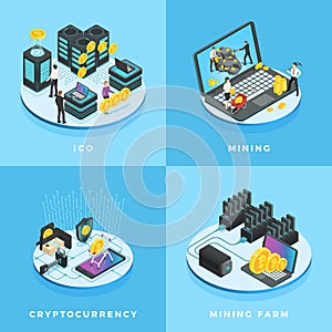 Cryptocurrency illustration. Electronic money, currency mining, ICO and blockchain computer network isometric vector