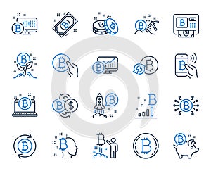 Cryptocurrency line icons. Set of Blockchain, Crypto ICO start up and Bitcoin. Vector