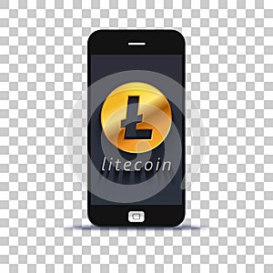 Cryptocurrency litecoin exchange application for mobile phone pasted on photo paper