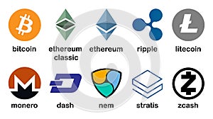 Cryptocurrency logo set - bitcoin, litecoin, ethereum, ethereum classic, monero, ripple, zcash, dash, stratis, nem