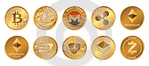 Cryptocurrency logo set - bitcoin, litecoin, ethereum, ethereum classic, monero, ripple, zcash dash stratis nem. Golden