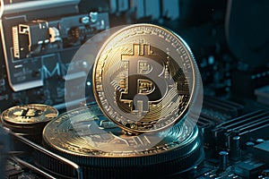 Cryptocurrency macro Golden Bitcoin on computer circuit board CPU