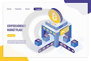 Cryptocurrency market place landing page isometric vector template