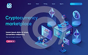 Cryptocurrency marketplace concept 3d isometric web landing page.