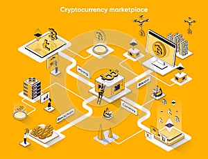 Cryptocurrency marketplace isometric web banner. Business blockchain technology flat isometry concept. Digital money