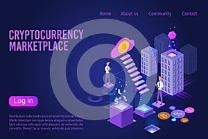 Cryptocurrency marketplace landing page isometric vector template