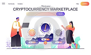 Cryptocurrency marketplace web concept for landing page. Man and woman buy or sell crypto money, mining bitcoins, making money