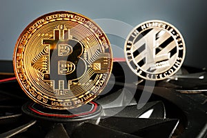 Cryptocurrency mining. Bitcoin BTC and Litecoin LTC coins.