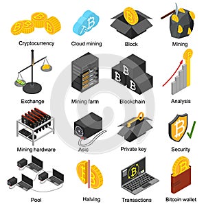 Cryptocurrency Mining Blockchain 3d Icons Set Isometric View. Vector