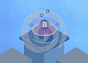 Cryptocurrency mining and Blockchain techology isometric concept. Digital money vector illustration. Bitcoin, Litecoin,