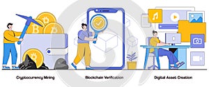 Cryptocurrency mining, blockchain verification, digital asset creation concept with character. Crypto mining abstract vector