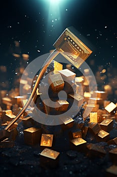 Cryptocurrency Mining Concept with 3D Rendered Pickaxes Striking Luminous Block of Code
