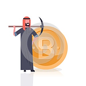Cryptocurrency Mining Concept Arab Man With Pickaxe Over Golden Bitcoin Coin Isolated On White Background