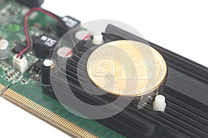 Cryptocurrency mining concept with litcoin on a graphic videocard