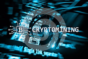 Cryptocurrency mining concept on server room background