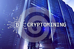 Cryptocurrency mining concept on server room background