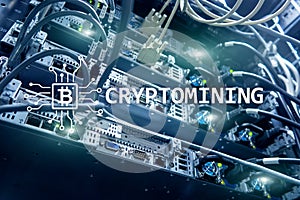 Cryptocurrency mining concept on server room background