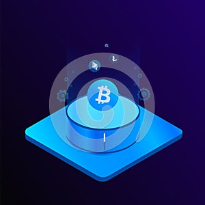 Cryptocurrency mining farm isometric vector concept in modern neon colors design. Blockchain and Digital money vector illustration