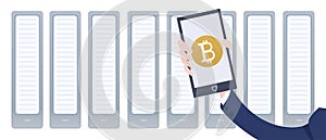 Cryptocurrency mining farm and smartphone in hand. Mobile bitcoin wallet app. Vector illustration in flat style.