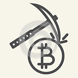Cryptocurrency mining line icon. Crypto pickaxe vector illustration isolated on white. Bitcoin mining outline style