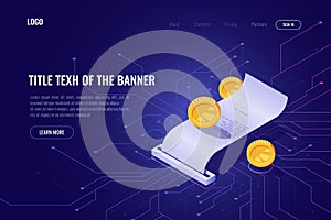 Cryptocurrency mining and payment concept, ico isometric banner, web page of blockchain technology, money transaction