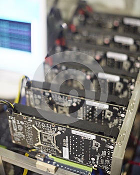 Cryptocurrency mining rig using graphic cards to mine for digital cryptocurrency such as bitcoin, ethereum and other altcoins