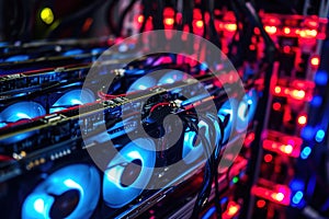 Cryptocurrency mining rigs with powerful GPUs. Colorful illuminated video cards.