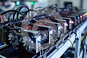 Cryptocurrency mining rigs with powerful GPUs. Colorful illuminated video cards.