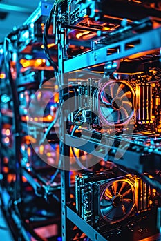 Cryptocurrency mining rigs with powerful GPUs. Colorful illuminated video cards.