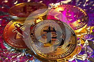 Cryptocurrency physical golden bitcoin coin on colorful background