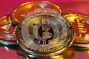 Cryptocurrency physical golden bitcoin coin on colorful background