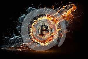 Cryptocurrency\'s unpredictable nature is symbolized by a flaming bitcoin. Ai
