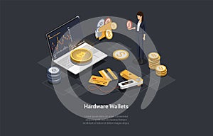 Cryptocurrency Safe Storage And Hardware Offline Decentralized Wallet. Trader Holding Cryptocurrency On Non-Custodial