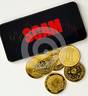 Cryptocurrency scam on Mobile screen warning for financial internet crime online concept