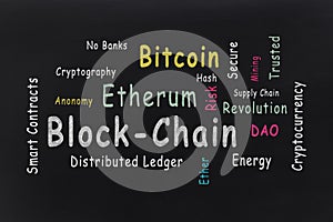 Cryptocurrency technology. BLOCKCHAIN word cloud against the blackboard photo