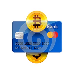 Cryptocurrency technology icon, bitcoin exchange, bitcoin mining, mobile banking. Bitcoin, credit card, dollar, vector