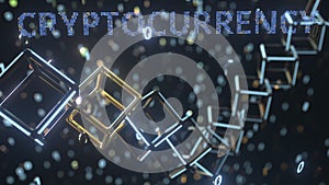 CRYPTOCURRENCY text and cubic chain and binary numbers. IT concept, 3D rendering