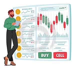 Cryptocurrency Trader Character Uses Trading App For Buying, Selling, And Managing Digital Assets, Vector Illustration
