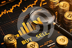 Cryptocurrency trading analysis concept with bitcoin stacks, magnifying glass, and fluctuating financial chart photo