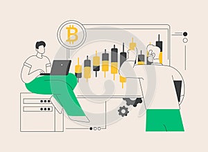 Cryptocurrency trading desk abstract concept vector illustration.