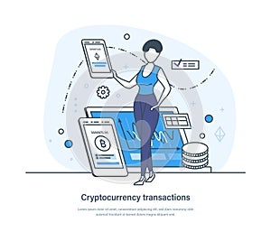 Cryptocurrency transaction, digital wallet, e-payment technology business concept