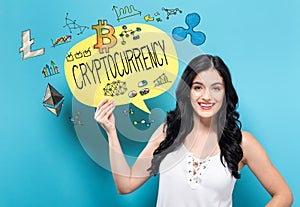 Cryptocurrency with woman holding a speech bubble