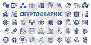 Cryptographic icons in line design, blue. Cryptographic, encryption, security, cryptography, code, business isolated on