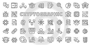 Cryptographic icons in line design. Cryptographic, encryption, security, cryptography, code, business isolated on white