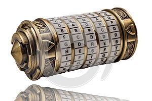 Cryptography codes and ciphers , top secret message and keyword puzzle concept with a metal combination cryptex isolated on white