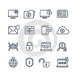 Cryptography, internet security and biometric protection outline vector icons