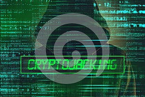 Cryptojacking concept, computer hacker with hoodie