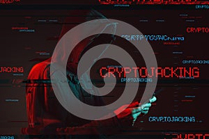 Cryptojacking concept with faceless hooded male person