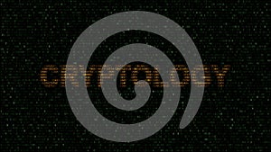 CRYPTOLOGY word made of flashing hexadecimal symbols on computer screen